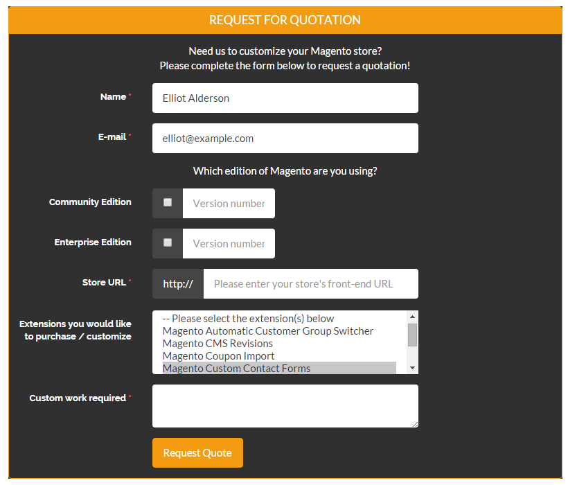 Magento request for quotation form - custom contact form magento