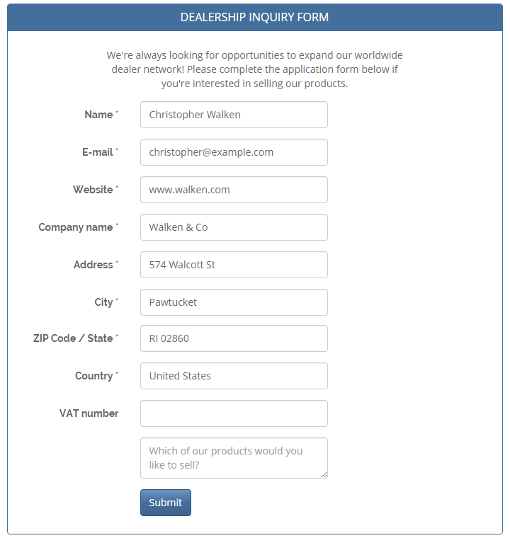 Magento dealership inquiry form - custom contact form magento