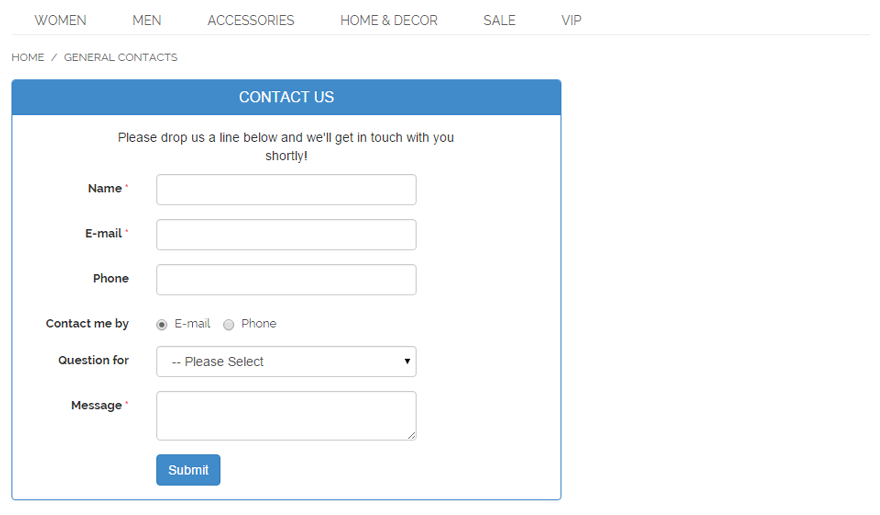 Magento contact form page