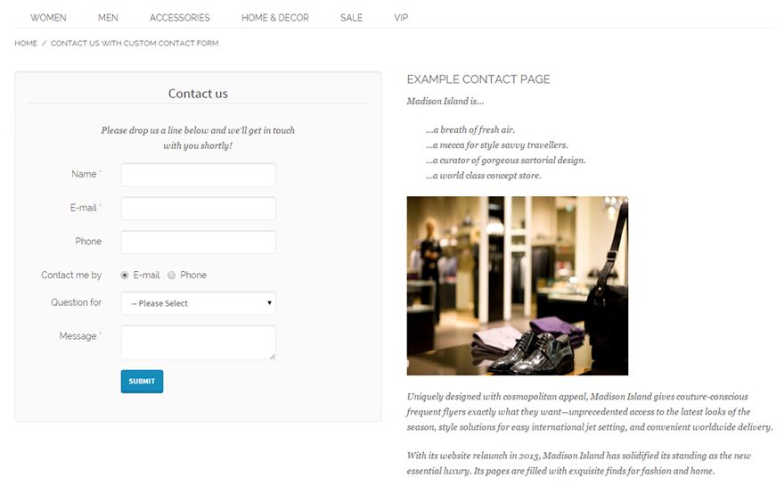 contact form embedded in magento cms page
