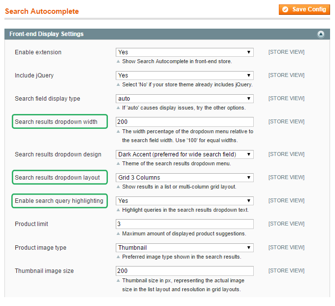 magento search autocomplete front-end display options