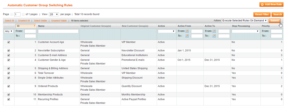 bulk process customer group switching rules magento