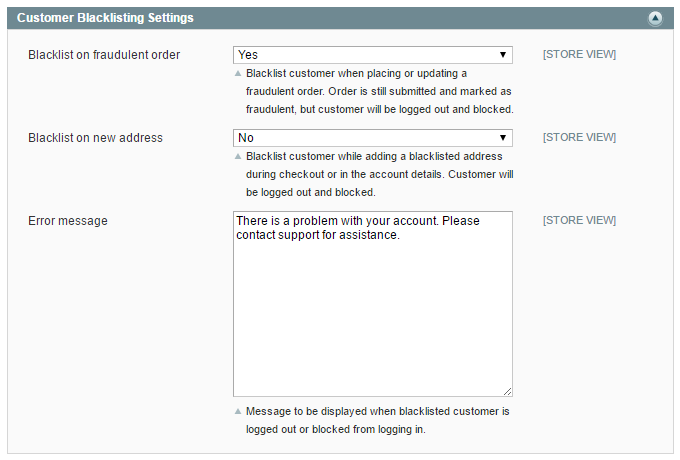 customer blacklisting settings