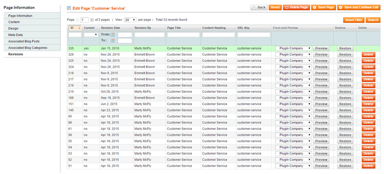 back-up and restore magento cms page revisions
