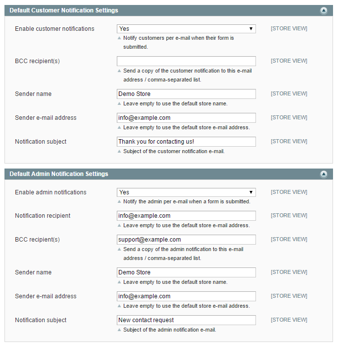 default e-mail notification settings