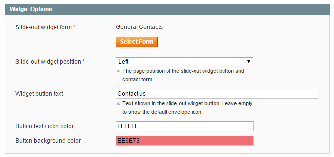 magento slide-out form settings