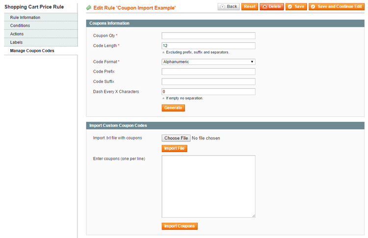 import custom coupons in magento