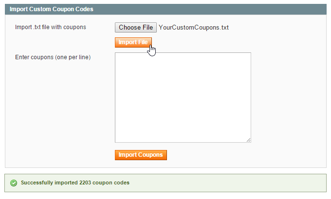 bulk import custom coupon codes magento