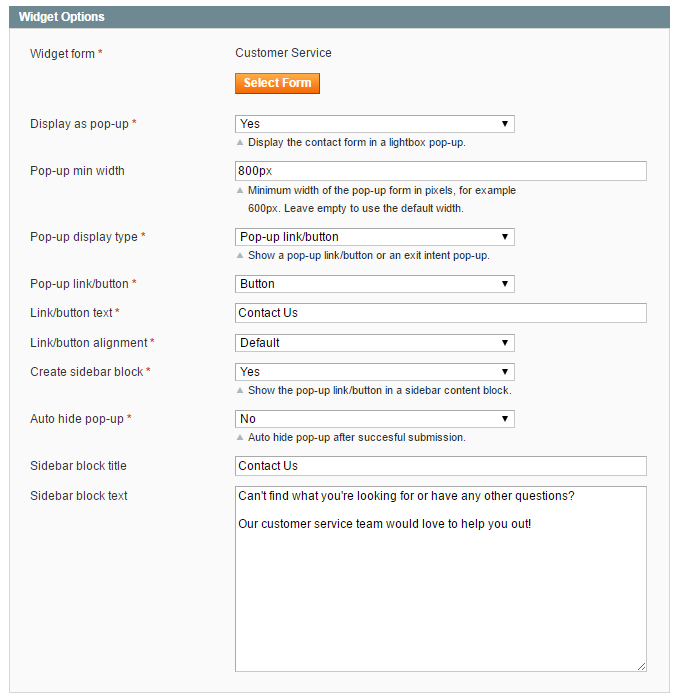 magento pop-up form settings