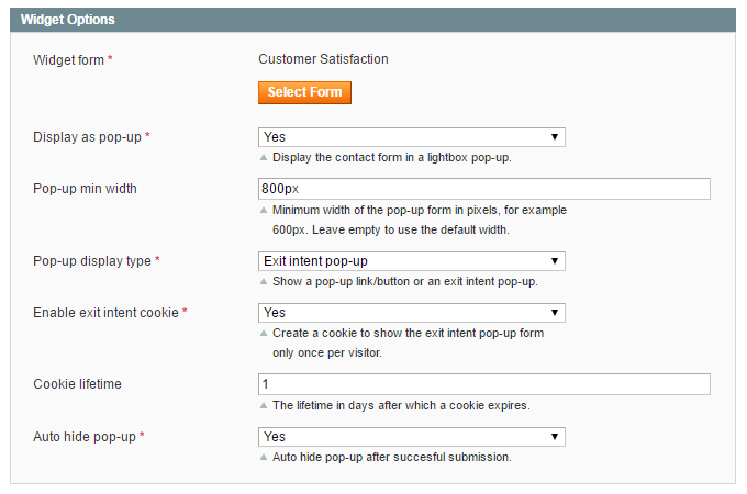 magento exit intent form settings