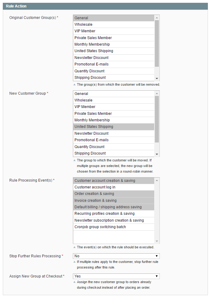 customer group switching rule actions