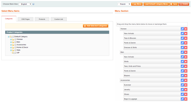 magento easy menu drag and drop interface