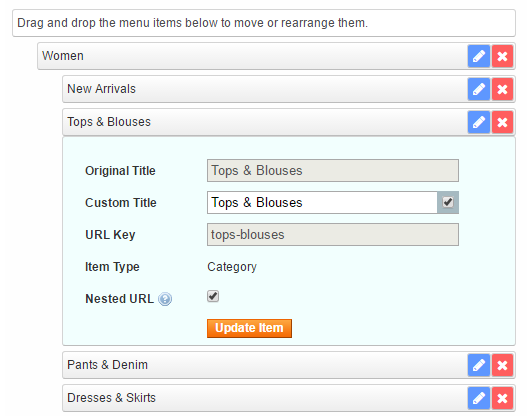 edit magento store menu items