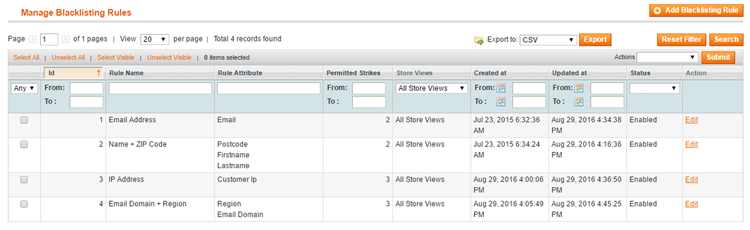 manage blacklisting rules magento