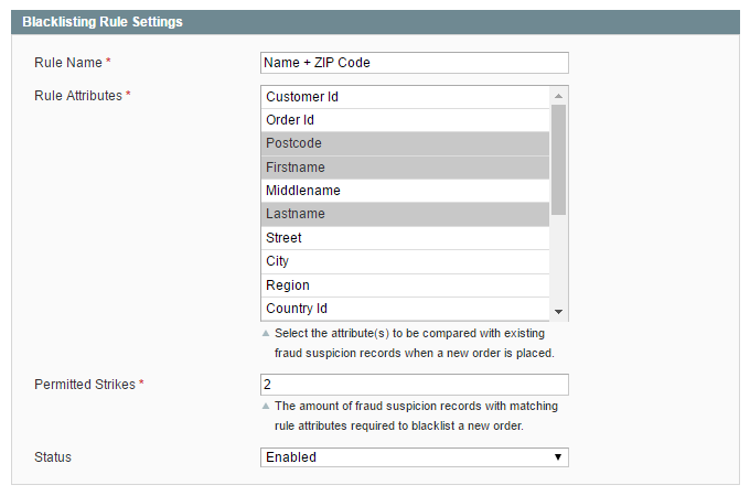 blacklisting rule settings