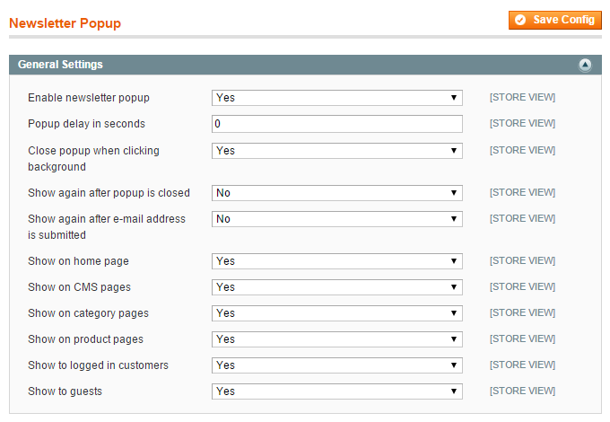 magento newsletter pop-up display settings