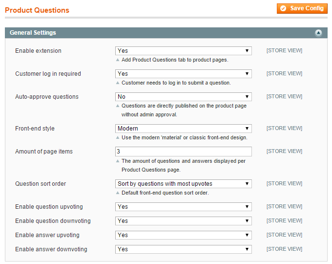 magento product questions general settings