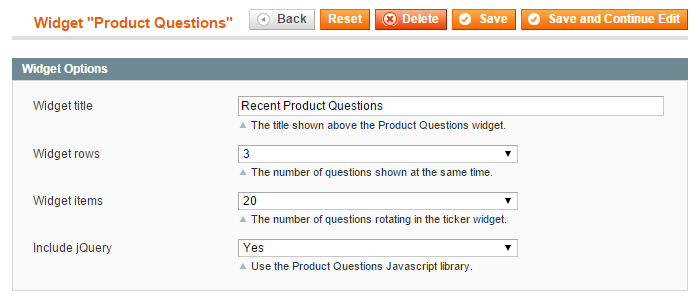 configure magento product questions widget