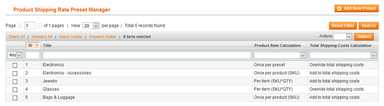 manage product shipping rate presets