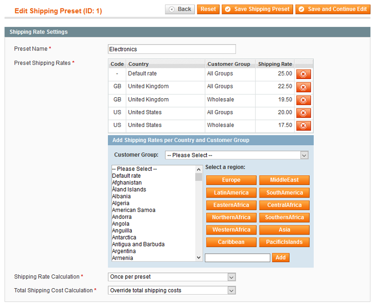 product shipping rate preset settings