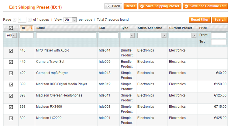 shipping rate preset products