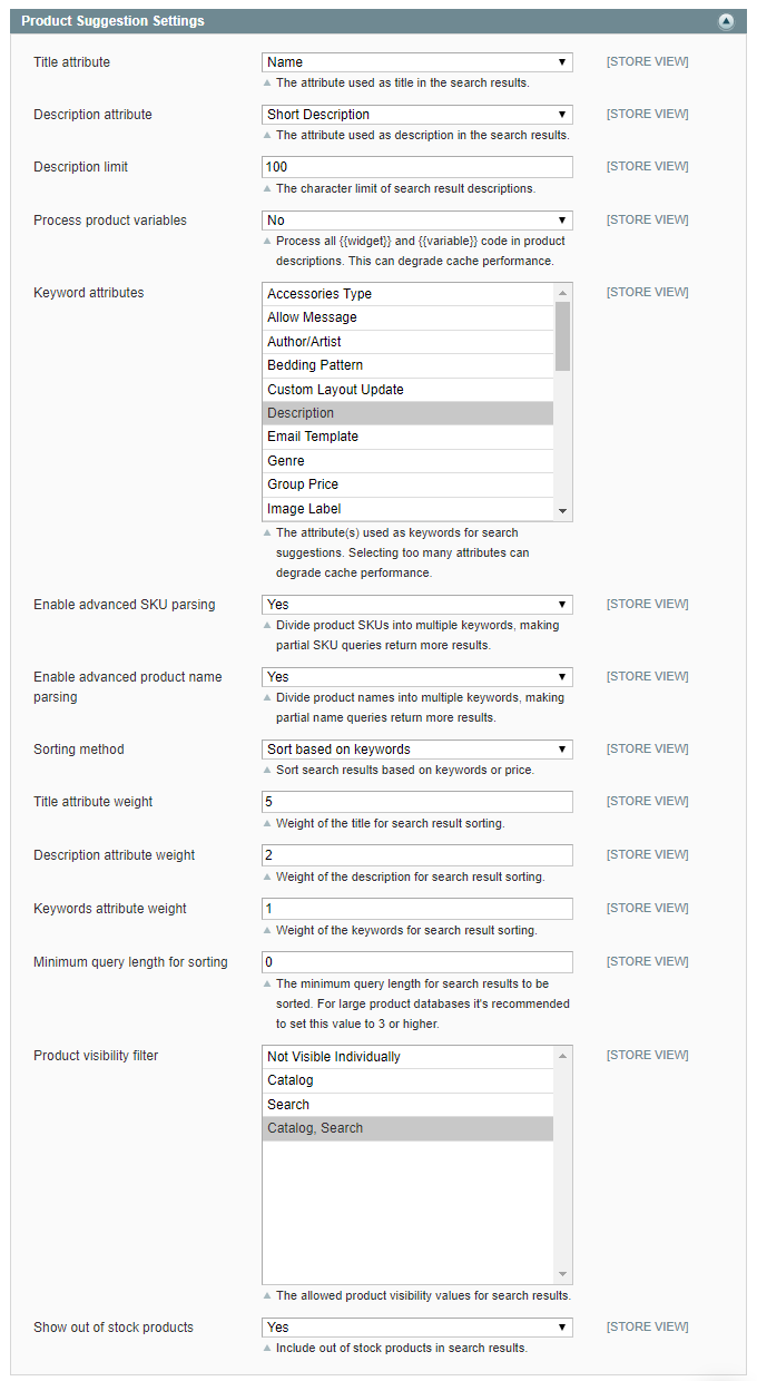 search autocomplete product suggestion settings