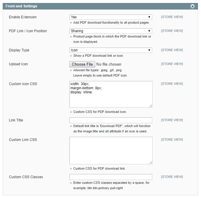 magento product page pdf front-end settings