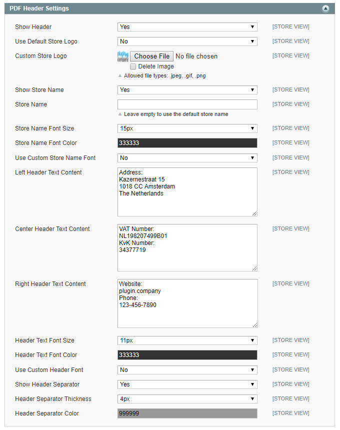 product page pdf header settings