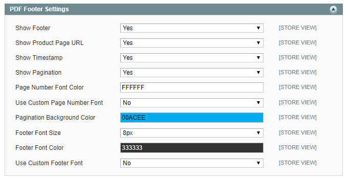 product page pdf footer settings