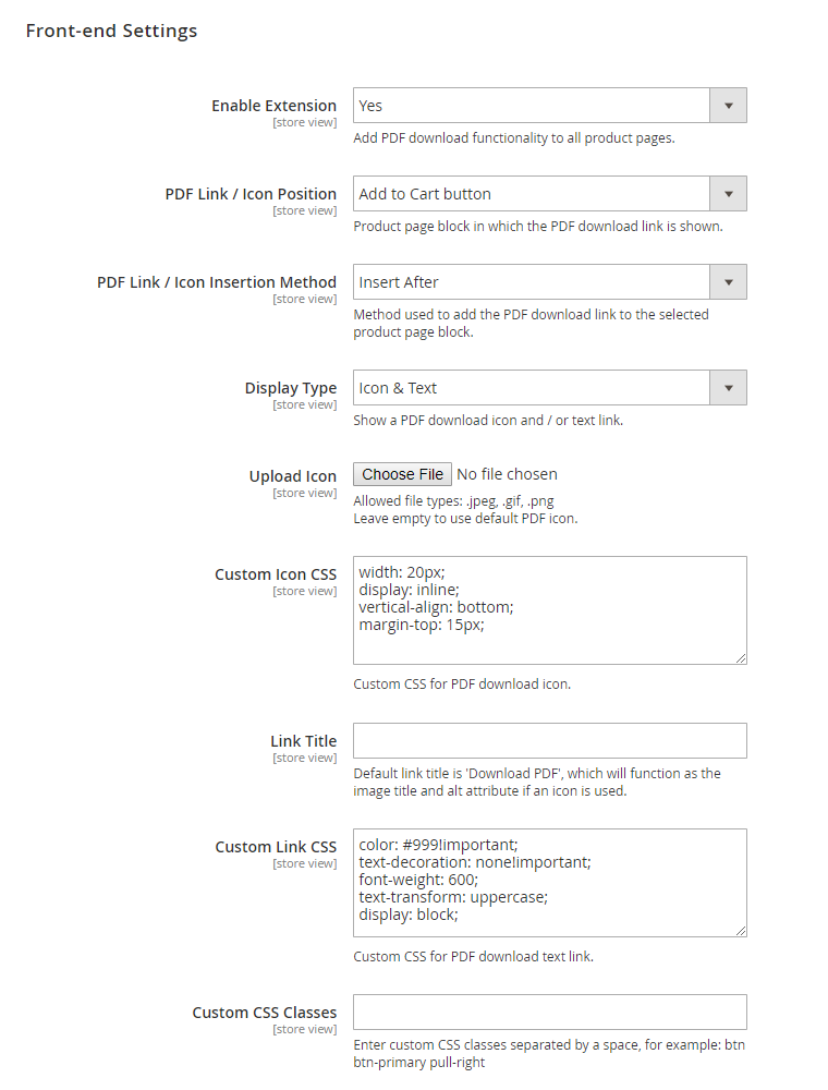magento 2 product page pdf front-end settings