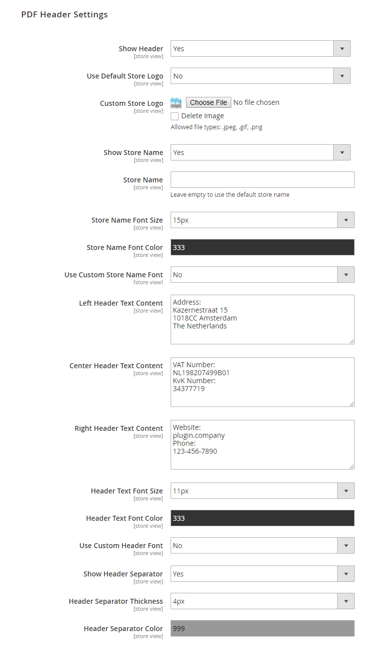 product page pdf header settings