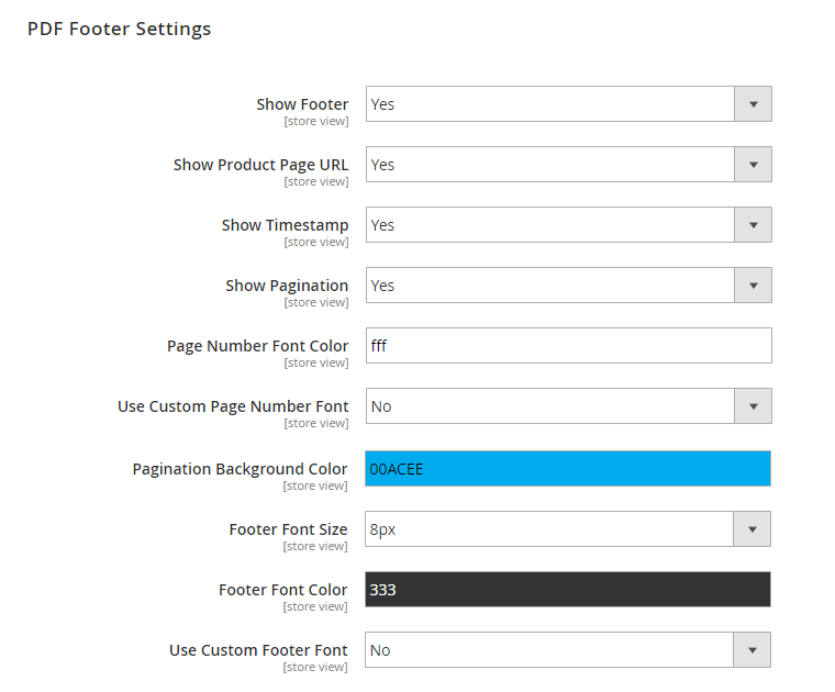 product page pdf footer settings