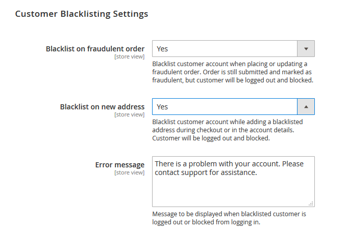 customer blacklisting settings