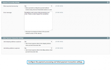 Payment processing and failed payment transaction settings