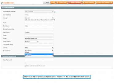 Fraud status in customer account