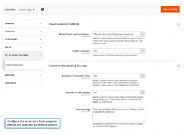 Fraud suspicion and customer blacklisting settings
