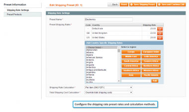 Preset shipping rate settings