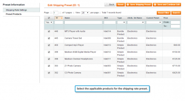 Select shipping rate preset products