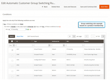Rule based on a membership product