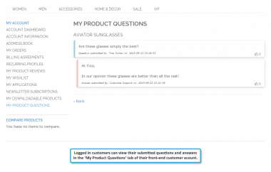Product questions in customer account