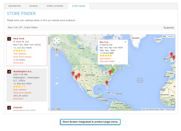 Store Finder tab in product page menu