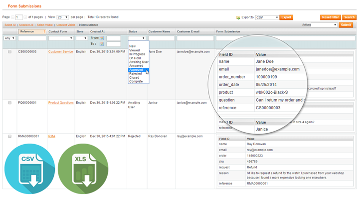 magento contact form submissions