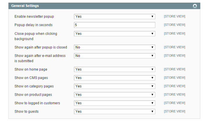 magento newsletter pop-up display settings
