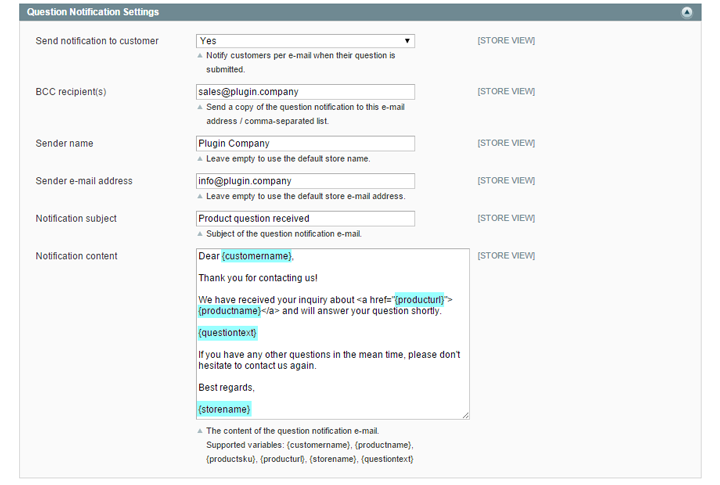 product questions e-mail notifications