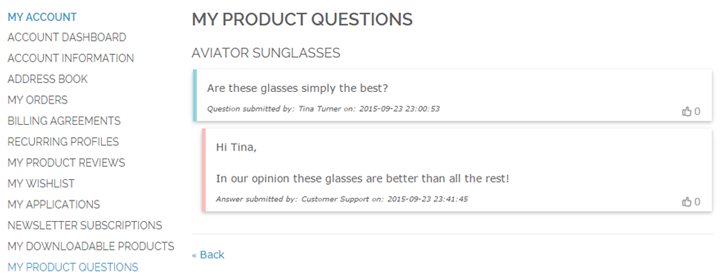 product questions customer account tab