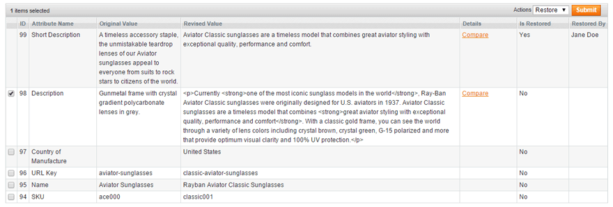 restore magento product attributes