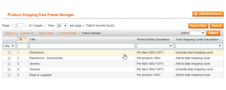 magento product shipping rates preset