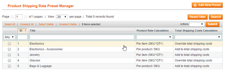 magento product shipping rate preset