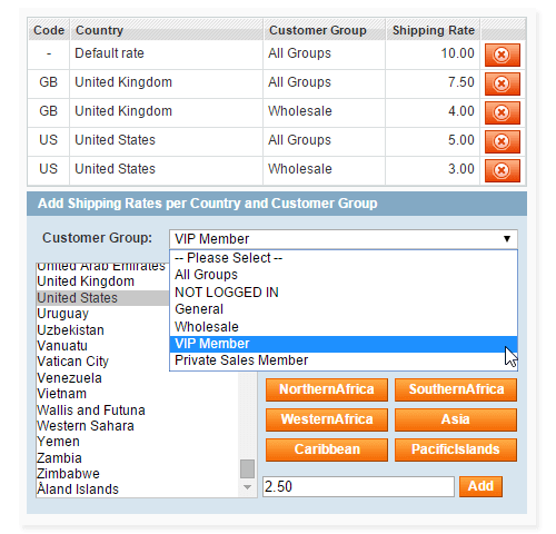 magento shipping rates per country and customer group