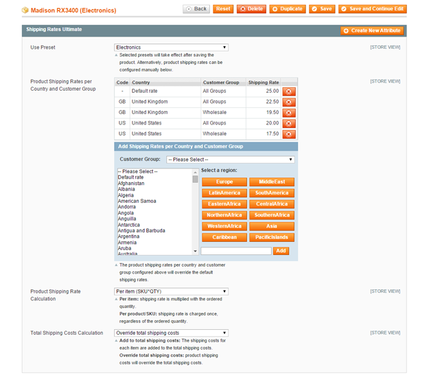 product shipping rates per country and customer group